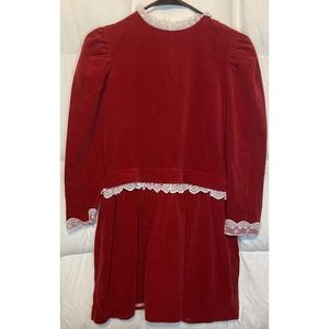 Vintage Polly Flinders Red Velvet Dress White Lace Trim Girl’s Size 12